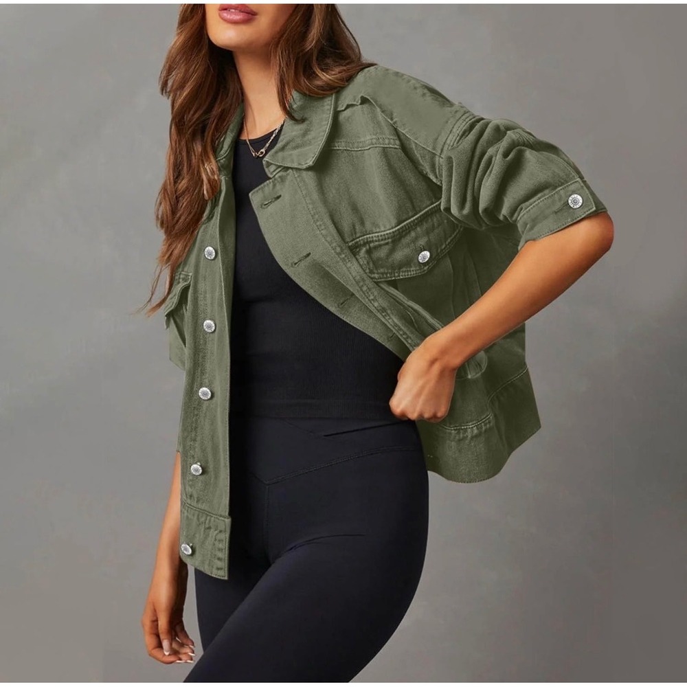 Lucky Brand Womens Olive‎ Green Utility Jacket Snap Front XL Shacket Boxy Crop